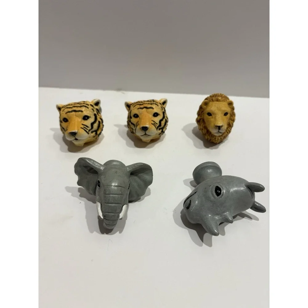 5 Pc Kids Dresser Drawer‎ Pull Handles Serengeti Lion, Tiger, Rhino, Elephant